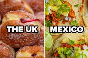 Close up of some doughnuts with the words the UK written on top and a close up of some tacos with Mexico written on top