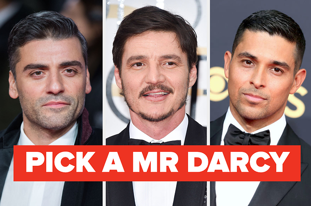 Red carpet photos of Oscar Isaac Pedro Pascal and Wilmer valderama with the caption pick a mr darcy over them
