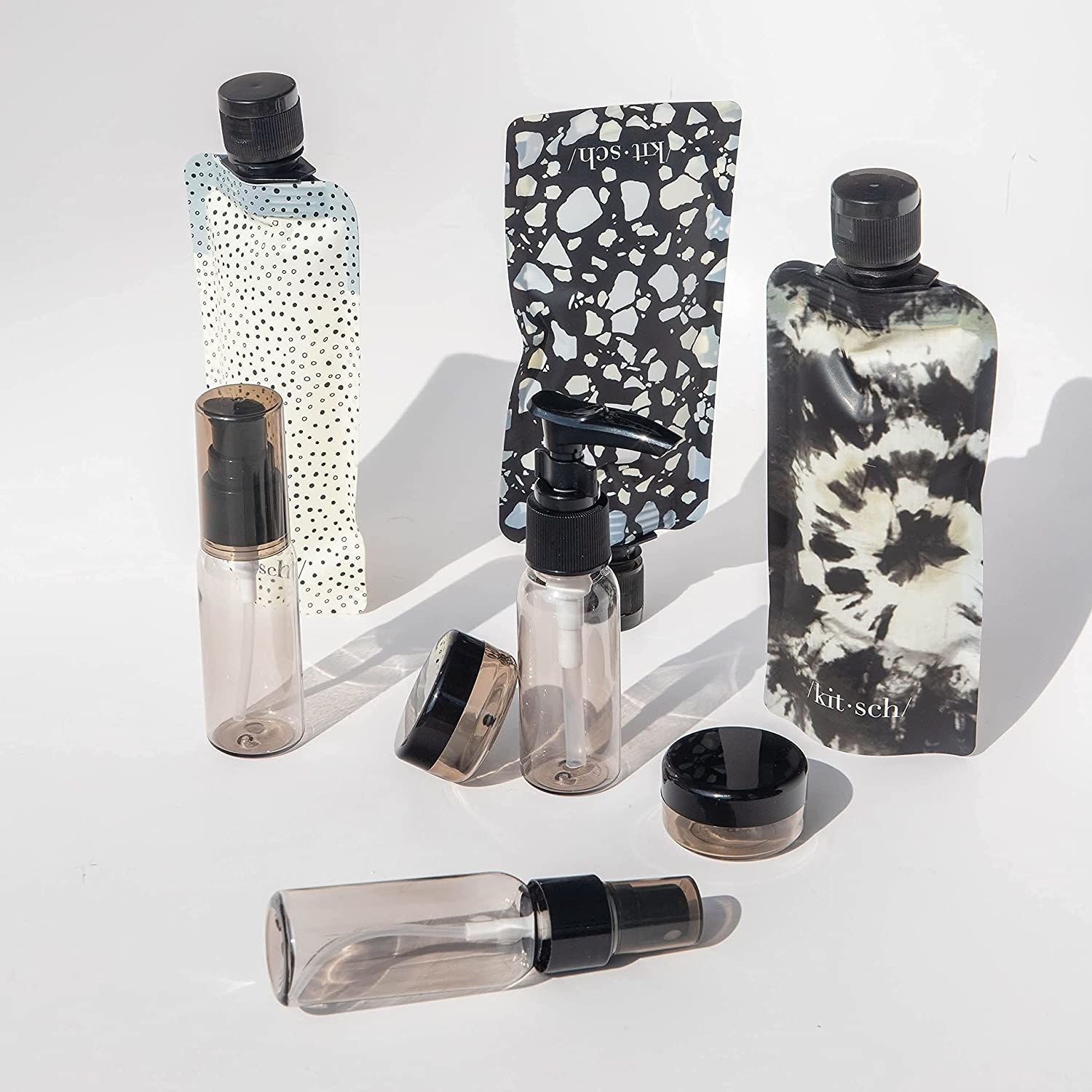 a set of travel-sized product bottles