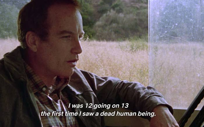 Gordie in his car with the caption "I was 12 going on 13 the first time I saw a dead human being"