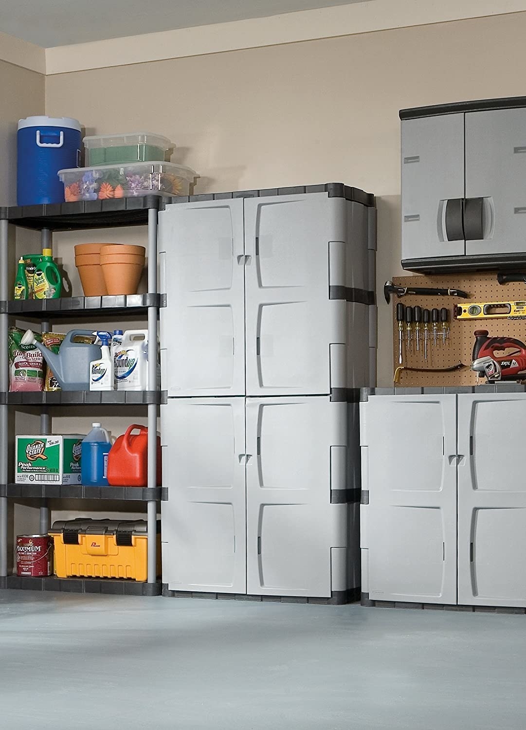 rubbermaid storage cabinets in a garage