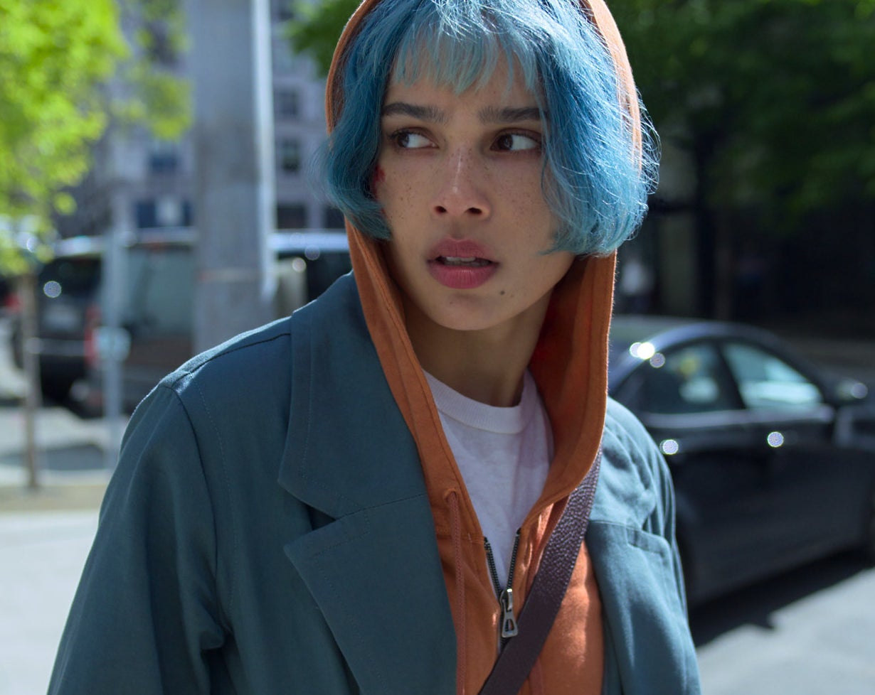 Zoë Kravitz as angela childs in kimi with a very short blue bob with bangs