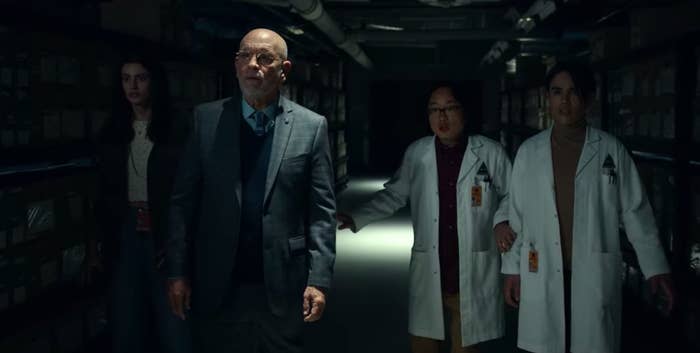 Mallory and co. walking down a dark hallway in &quot;Space Force&quot;