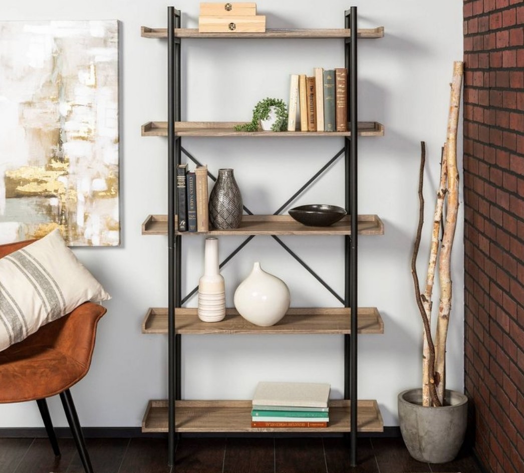 A driftwood/black metal 5-tier bookcase