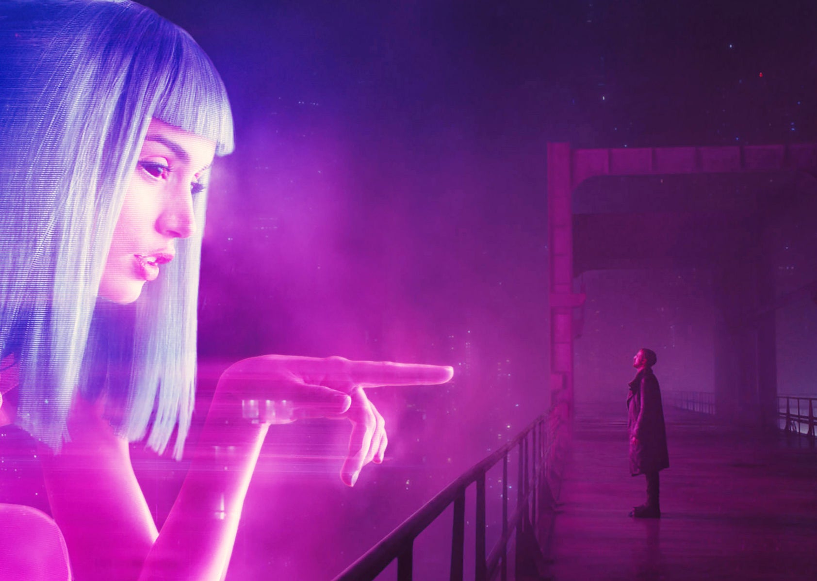 ana de armas as joi in blade runner 2049 with shoulder length solid blue hair with bangs