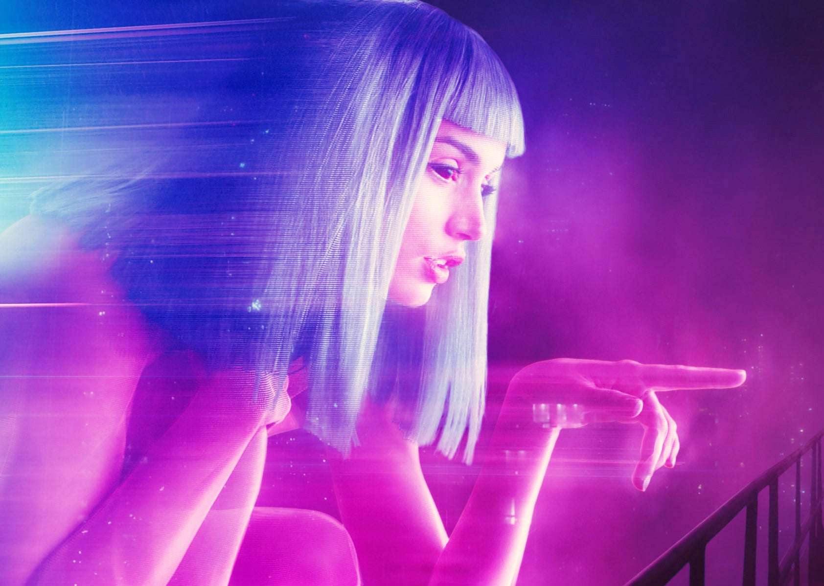 ana de armas as joi in blade runner 2049 with shoulder length solid blue hair with bangs