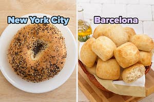On the left, an everything bagel labeled New York City, and on the right, a basket of ciabatta rolls labeled Barcelona