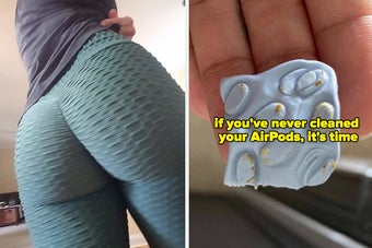 on the left a reviewer wearing tiktok leggings; on the right dirty earbud putty