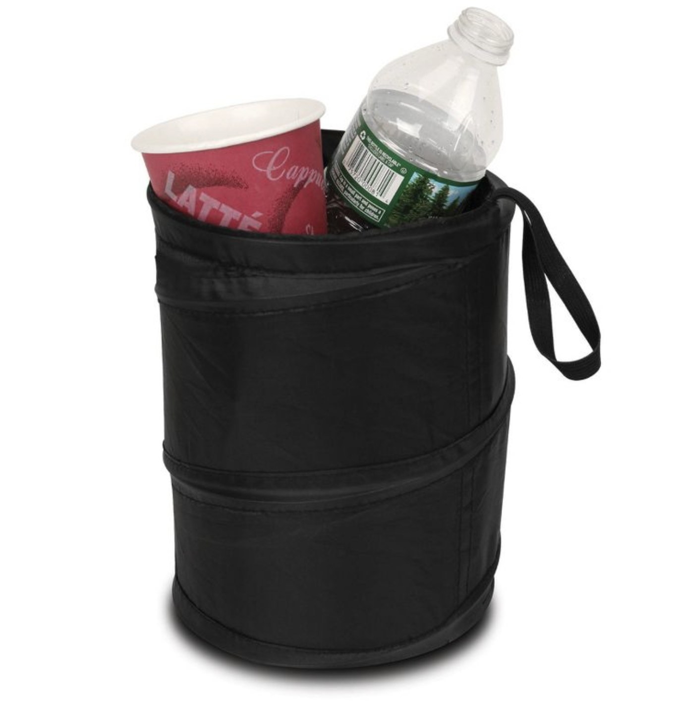 The black pop-up trash can holding plastic water bottle and coffee cup