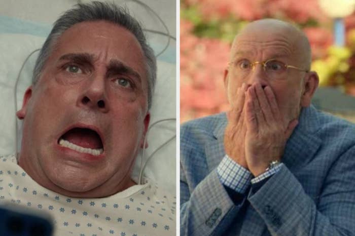 Naird screaming on a hospital bed in "Space Force"/Mallory with his hands over his mouth in "Space Force"