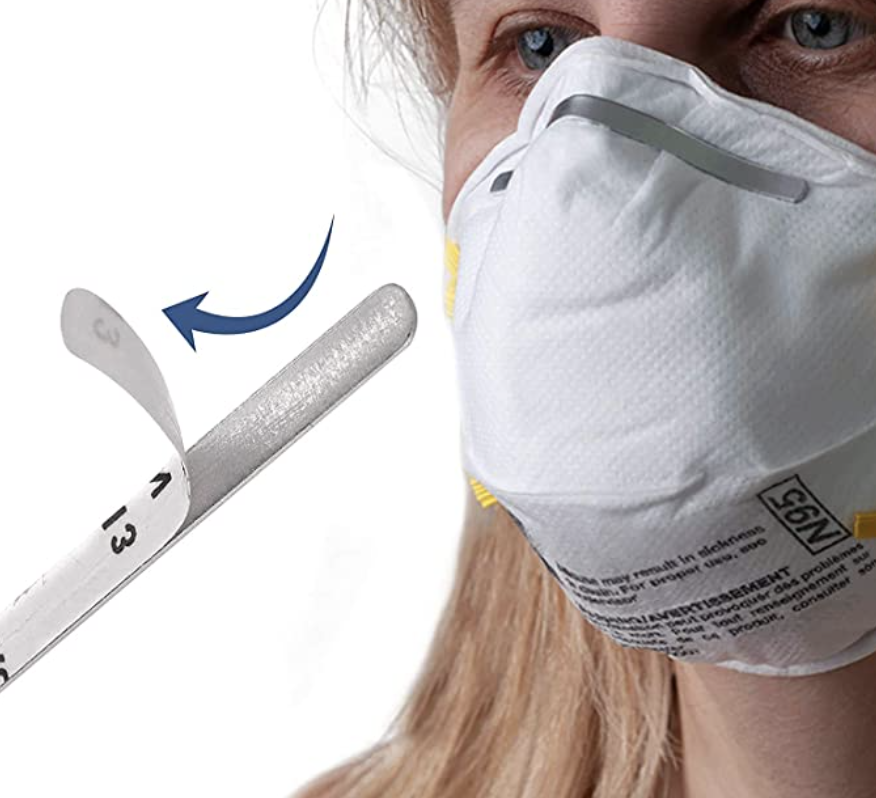 Someone wearing a mask with a nose strip in place and a superimposed image with an indicator arrow of a nose strip with the adhesive being peeled back