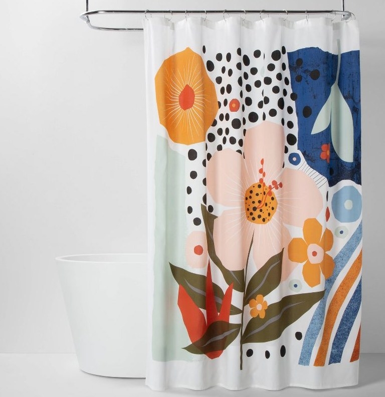 A colorful flower shower curtain
