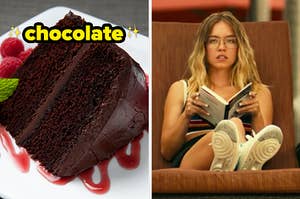 On the left, a slice of chocolate cake with chocolate frosting resting on top of some raspberry sauce, and on the right, Sydney Sweeney sitting in a chair with a book in her hands as Olivia on The White Lotus
