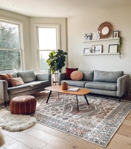 the boho area rug in a living room