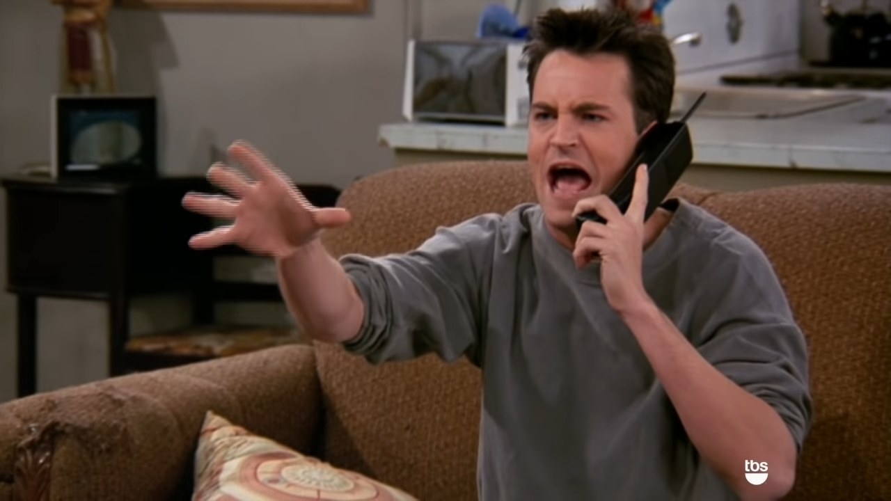 Chandler talking on the phone while watching &quot;Baywatch&quot; in &quot;Friends&quot;
