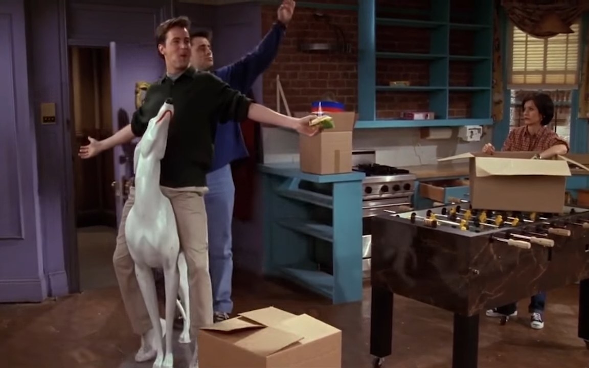 Joey and Chandler riding their ceramic dog in &quot;Friends&quot;