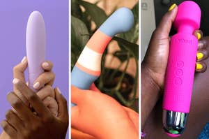 Models holding purple vibrator, model holding blue and pink dildo and reviewer holding hot pink mini wand vibrator