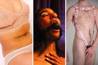 Model wearing nipple and clit clamp, model with ball gag in mouth and model wearing full-body harness