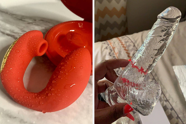 Wet red dual stimulation vibrator beside case and reviewer holding transparent dildo