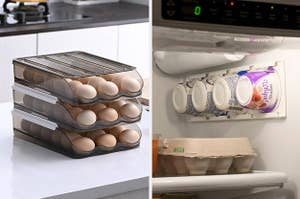 Egg dispenser with eggs inside, and yogurt organizer placed on side of fridge