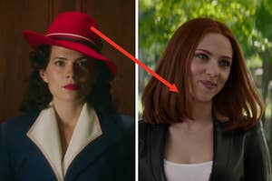 Peggy Carter wears a brightly colored hat and a close up of Natasha Romanoff as she smiles