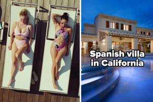 Cassie Howard sunbathes next to Maddy Perez and a Spanish villa in front of a pool