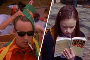 A man wears a party hat and is covered in streamers and Rory Gilmore reads a book