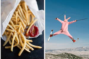 A pile of fries with ketchup and a person in bunny suit goes off a ski jump
