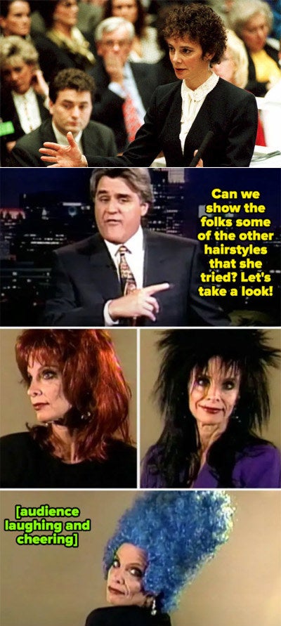 Jay Leno having a segment on a show where a model wears ridiculous hairstyles that are supposed to mock Marcia Clark&#x27;s