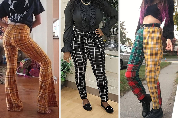 BAGGY PLAID PANTS blue, mustard yellow, and cream... - Depop