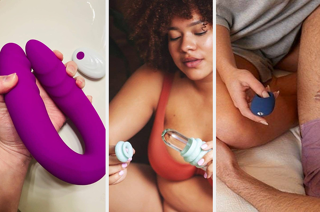 Reviewer holding pink double-ended dildo, model demonstrating OhNut ring and models holding blue cock ring