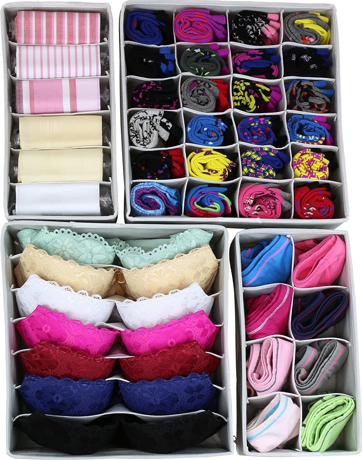 Bras, underwear, and socks all individually organized in the cloth organizers.