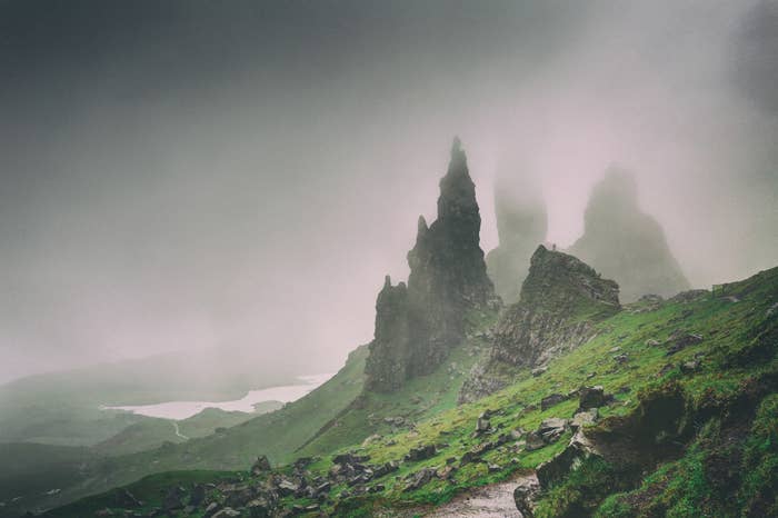 Rock formations at the Old Man of Storr in the Scottish Highlands on a foggy day