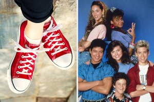 A woman is showing Converse sneakers on the left with the cast of Saved by the bell on the right