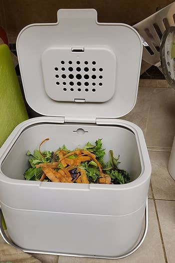 a reviewer photo of the open compost bin filled with food scraps
