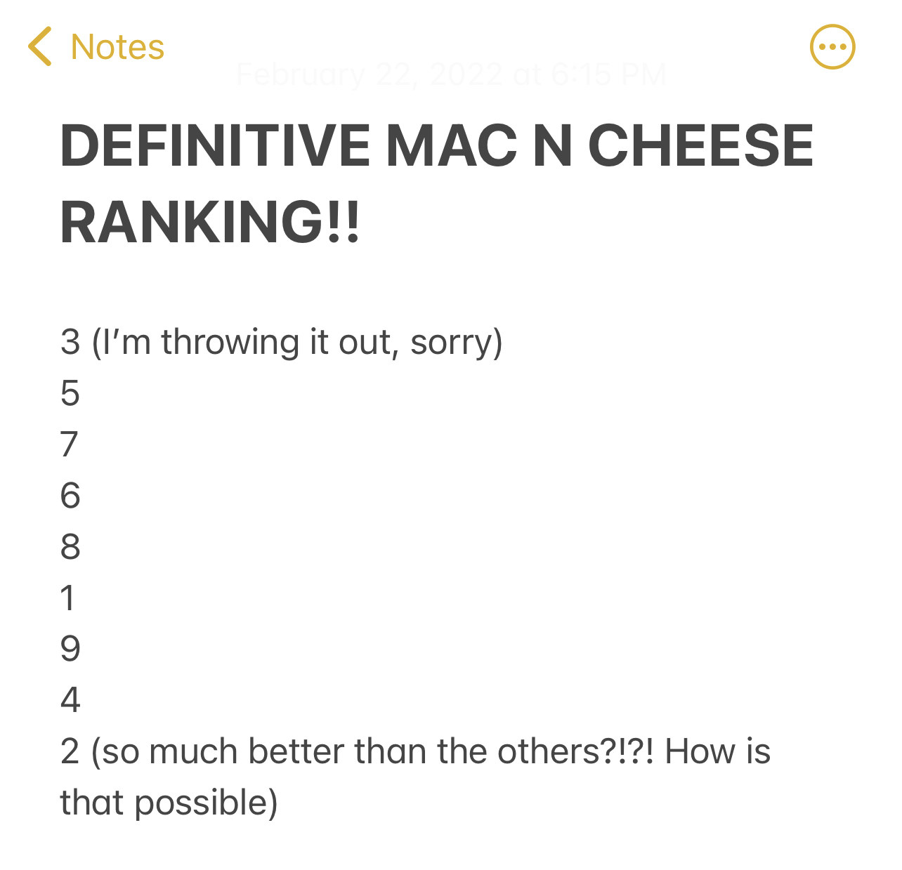 Note on author&#x27;s phone of &quot;Definitive Mac n Cheese Ranking&quot; with all the numbers ranked