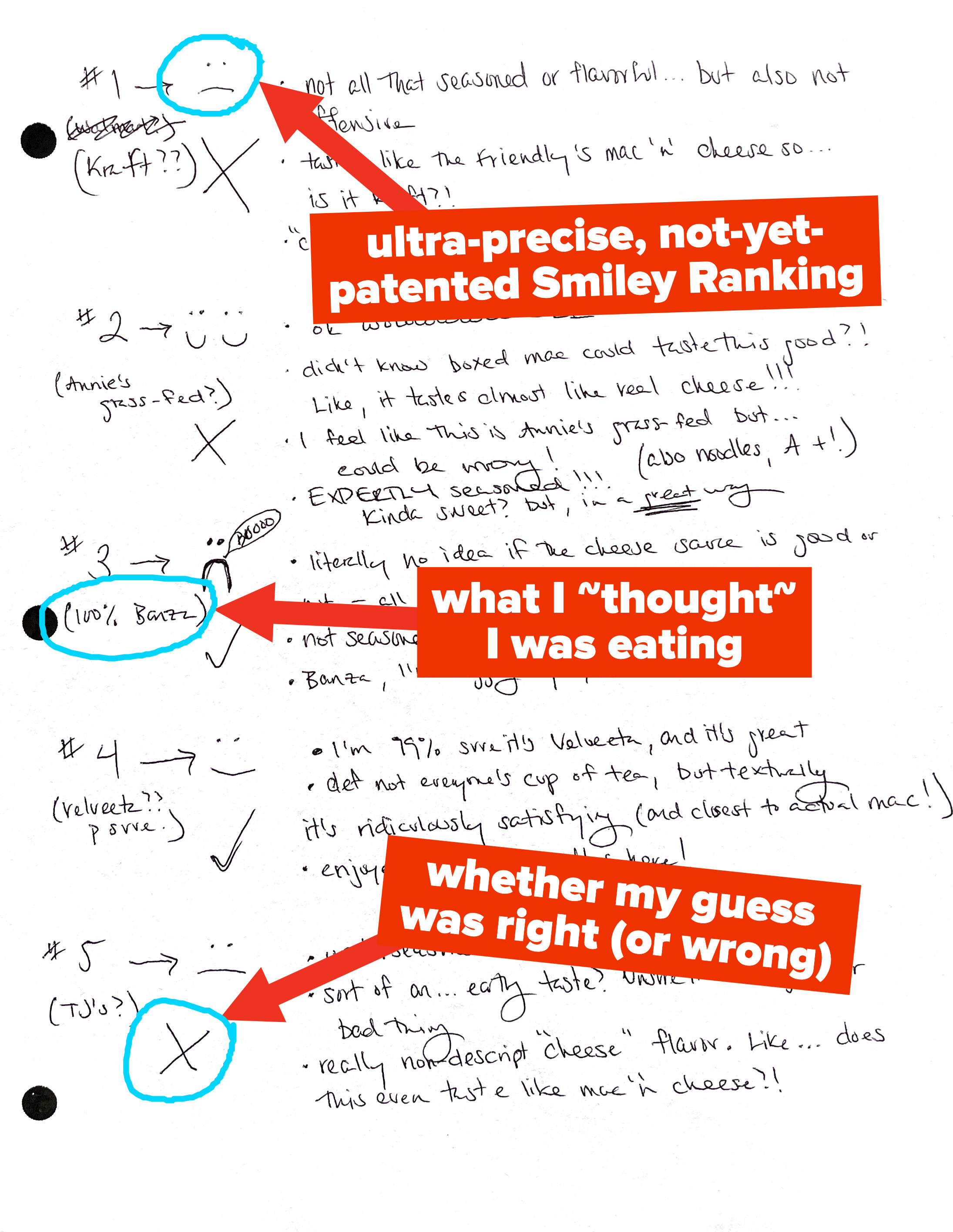 Author&#x27;s handwritten notes with various smiley faces as a &quot;ranking,&quot; his guesses for what each was, and whether or not the guesses were correct