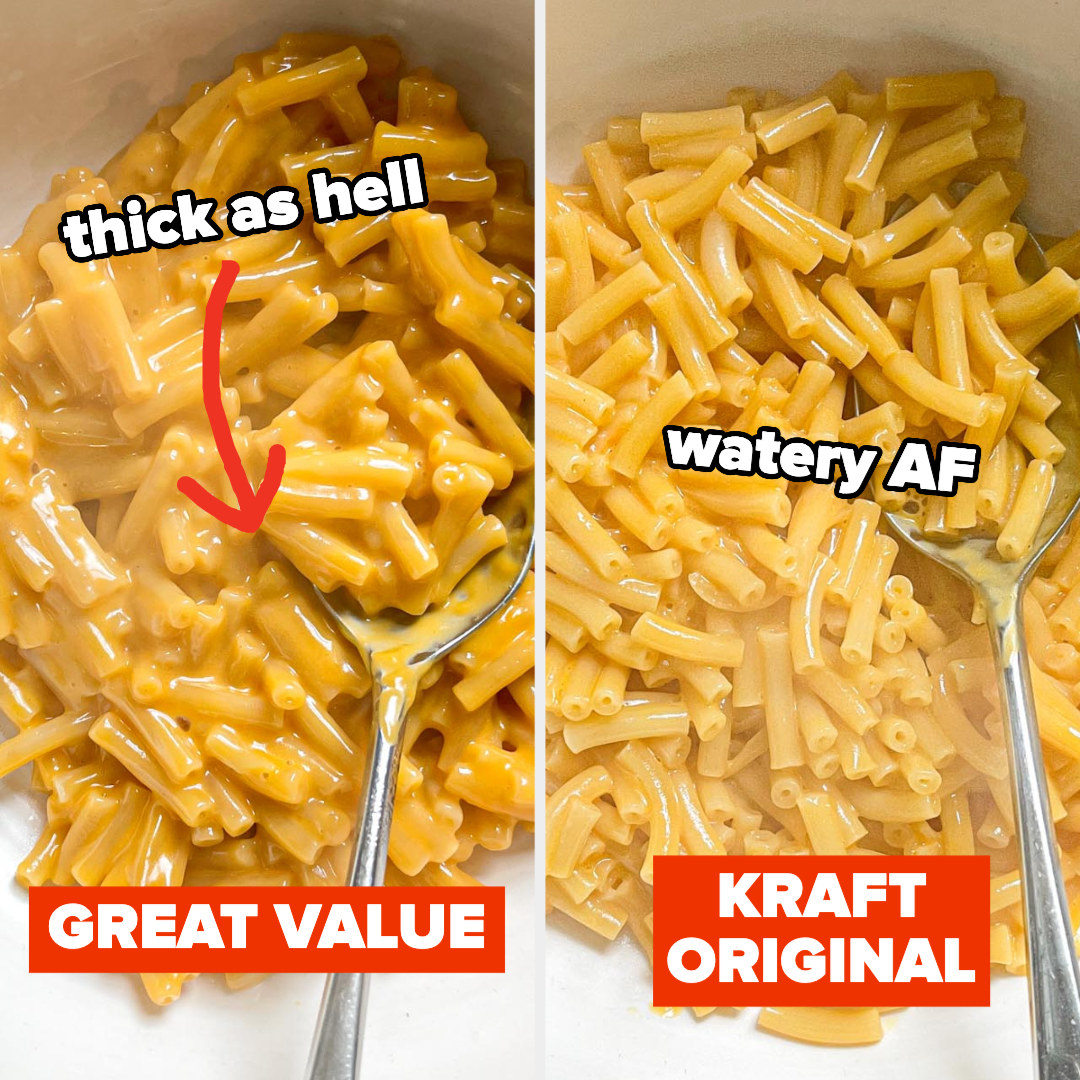 Walmart&#x27;s mac on the left, and Kraft on the right; the left is &quot;thick as hell,&quot; and right is &quot;watery AF&quot;