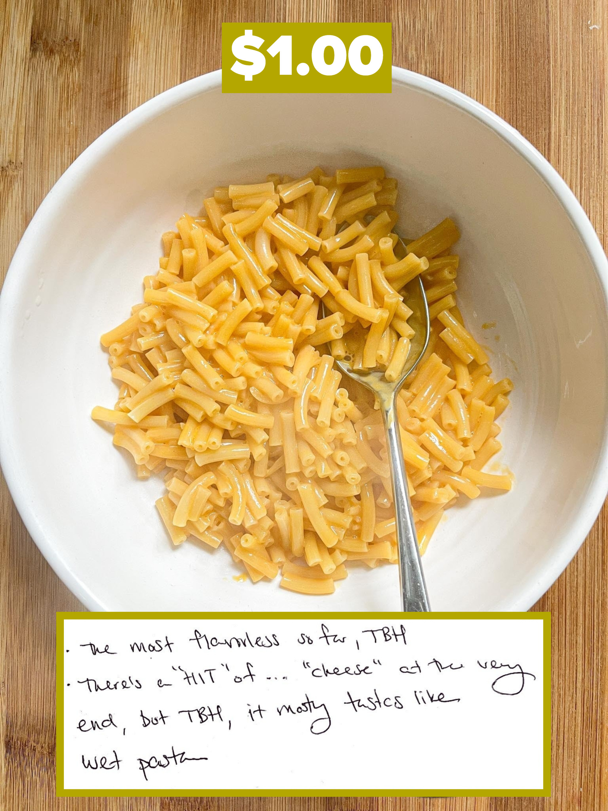 Cost: 1:00; author&#x27;s handwritten notes included at the bottom, including &quot;the most flavorless so far, TBH&quot; and &quot;it mostly tastes like wet pasta&quot;