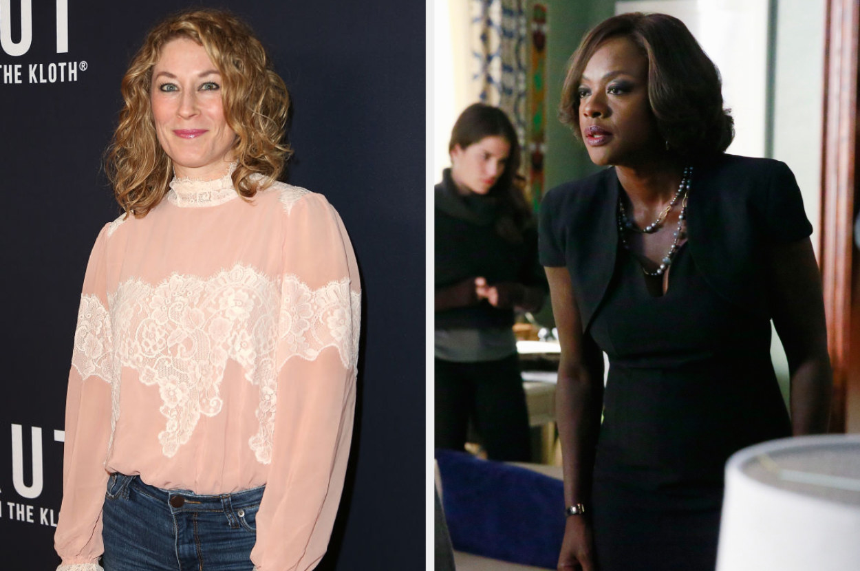 Frecon poses on the red carpet in a sweater with lace details, and Annalise wears an elegant dress with a shrug and a long, double-layered necklace