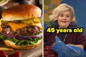 On the left, a cheeseburger with lettuce, onions, and pickles, and on the right, Aidy Bryant with a short, Karen-like haircut and an airplane neck pillow on Weekend Update labeled 45 years old