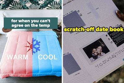 L: dual-side comforter on bed R: scratch-off date book