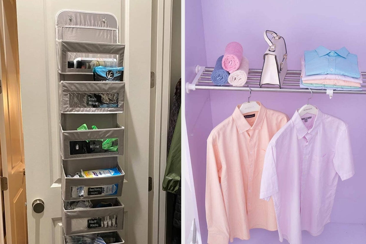 Hanging shelves on back of closet door and no-tool shelving unit placed in closet