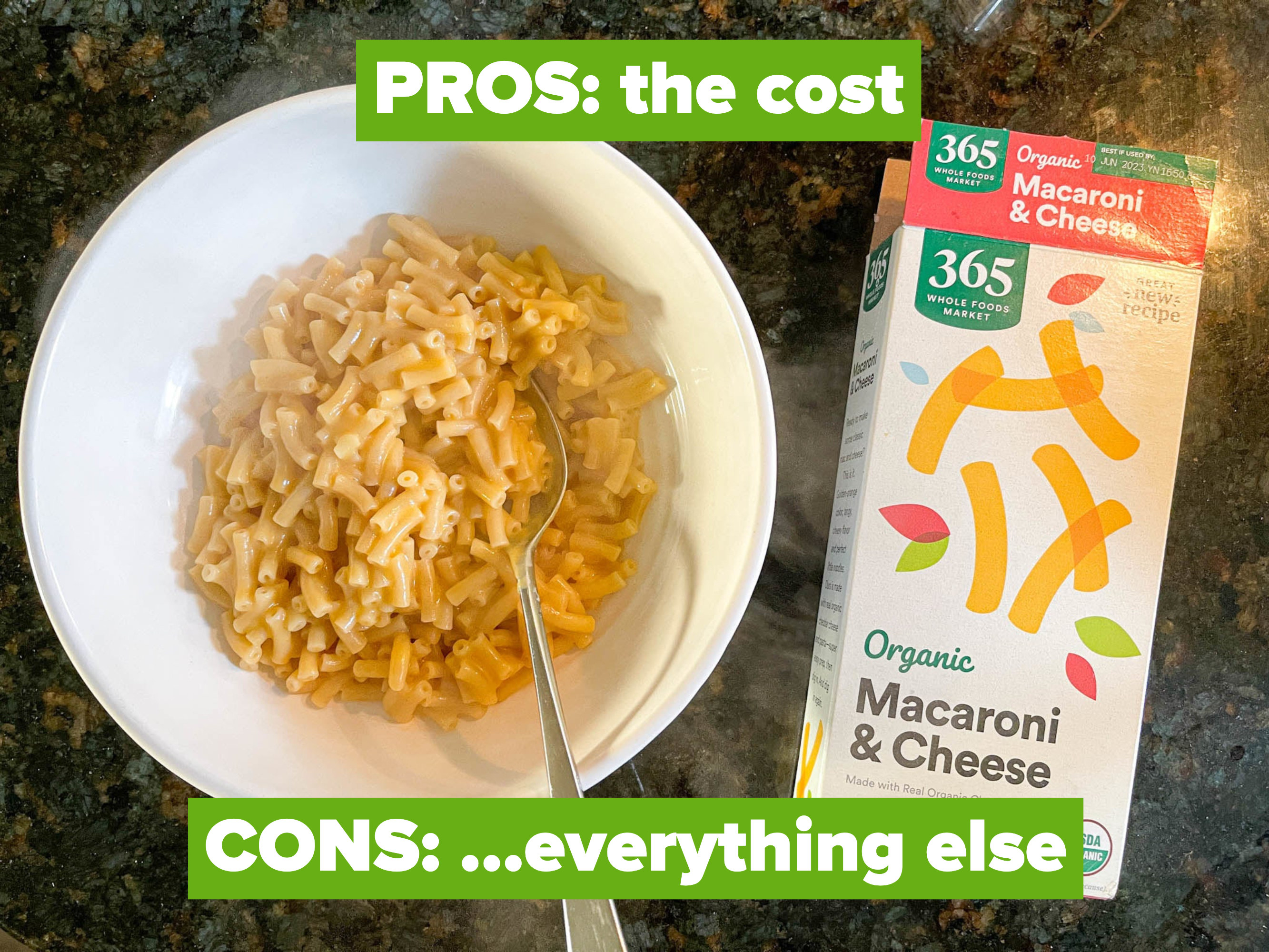 Cooked Whole Foods mac &#x27;n&#x27; cheese next to the package; Pros: the cost; Cons: everything else