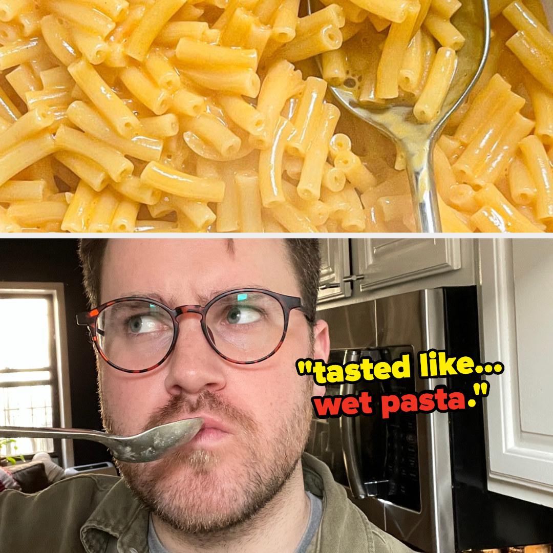 Close up of cooked Kraft with an image of the author eating it and text: &quot;tasted like...wet pasta.&quot;