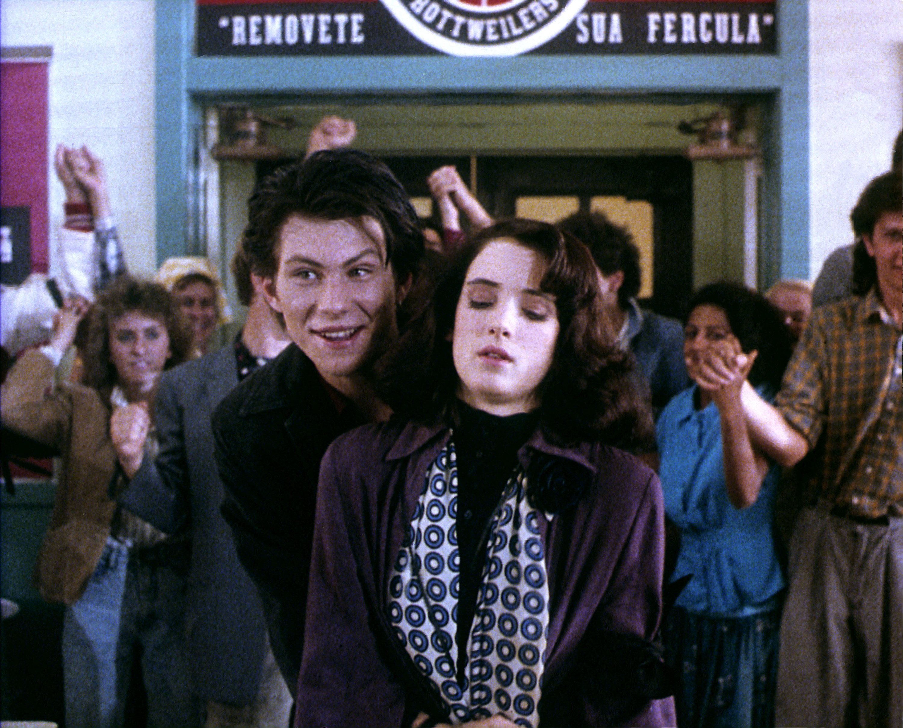 JD hugs Veronica during a scene in &quot;Heathers&quot;