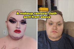 on the left a reviewer with a full face of drag makeup; on the right their face wiped completely clean