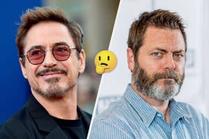 On the left, Robert Downey Jr., and on the right, Nick Offerman with a thinking emoji in the middle