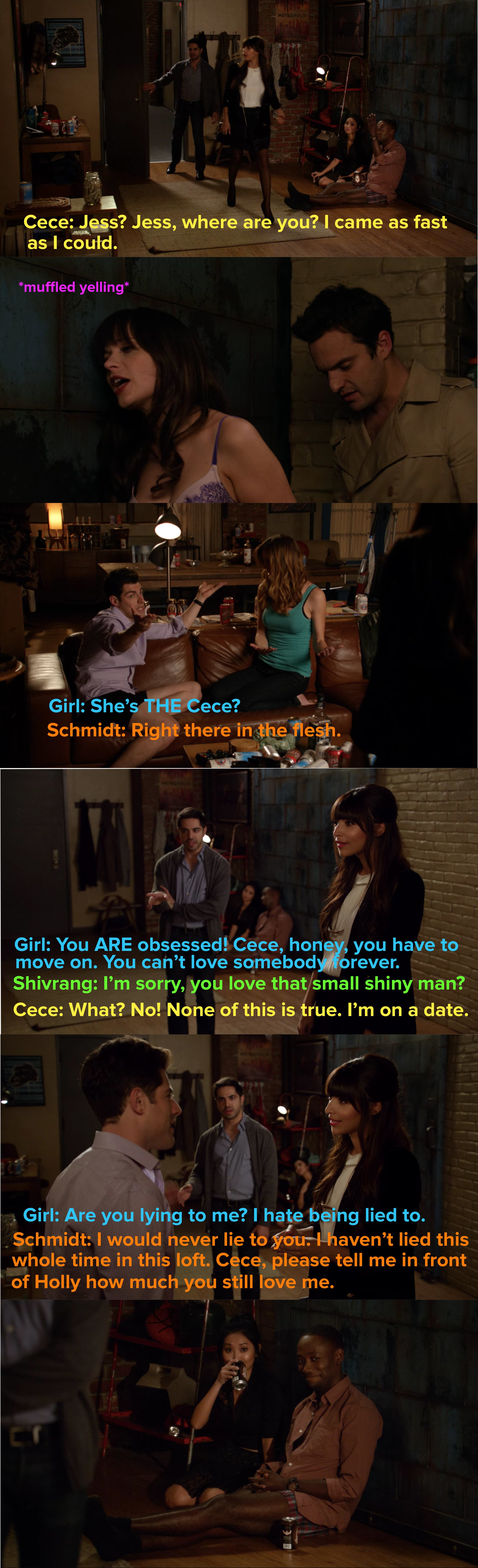 Cece is trying to convince this girl to sleep with him so he lies about Cece being in love with him, meanwhile, Jess and Nick are trapped in the closet until they kiss. Cece comes in to save Jess and Schmidt asks her to lie for him.