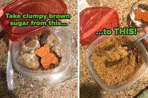 L: a reviewer photo of a terracotta bear in a container of clumpy brown sugar and text reading "take clumpy brown sugar from this...", L: a reviewer photo oft he sugar now soft and text reading "...to THIS"